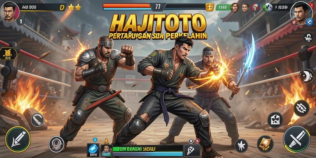 Tangkapan layar gameplay HAJITOTO dengan pertarungan yang intens.