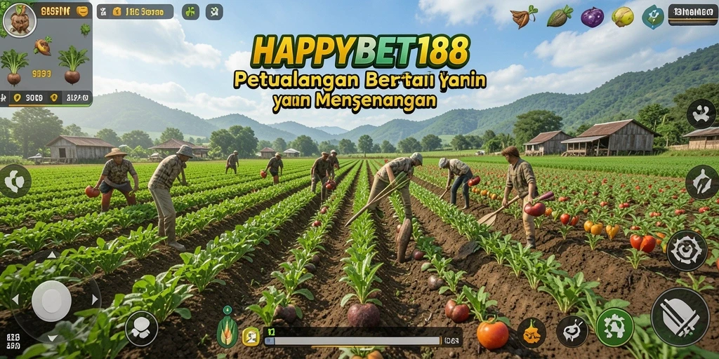 Tampilan gameplay HAPPYBET188 dengan ladang yang subur dan hewan ternak yang bahagia.