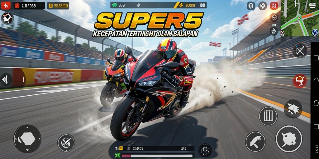 Gameplay mendebarkan dalam balapan motor SUPER5 dengan grafis menakjubkan.
